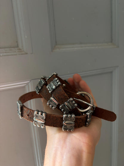 Vintage Brown Leather Belt with Silver Stud Details, Boho Western Waist Belt, Y2K Genuine Leather, Festival Bohemian Accessory
