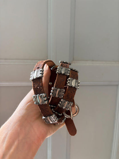 Vintage Brown Leather Belt with Silver Stud Details, Boho Western Waist Belt, Y2K Genuine Leather, Festival Bohemian Accessory