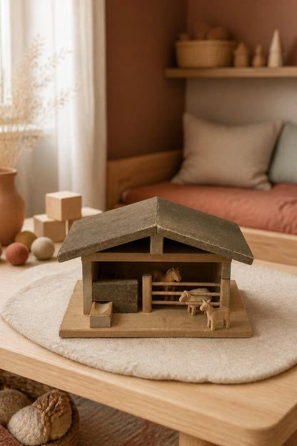 Wooden Animal Shed Playhouse, Waldorf Style Play Farm Stable, Montessori Open-Ended Toy stall, Sustainable Secondhand Christmas Gift