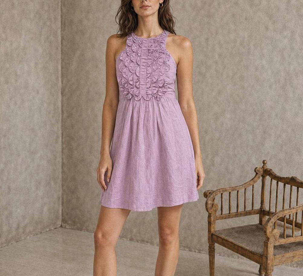 Pink Cotton Ruffle Mini Halter Dress