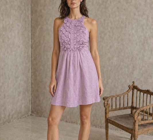 Pink Cotton Ruffle Mini Halter Dress
