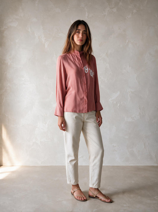 Vintage Pink Polka Dot Blouse, Lace Monogram Cottagecore Shirt