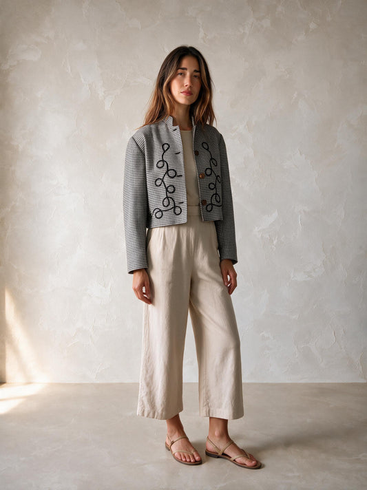 Vintage Cropped Wool Jacket with Embroidery, Cottagecore Blazer