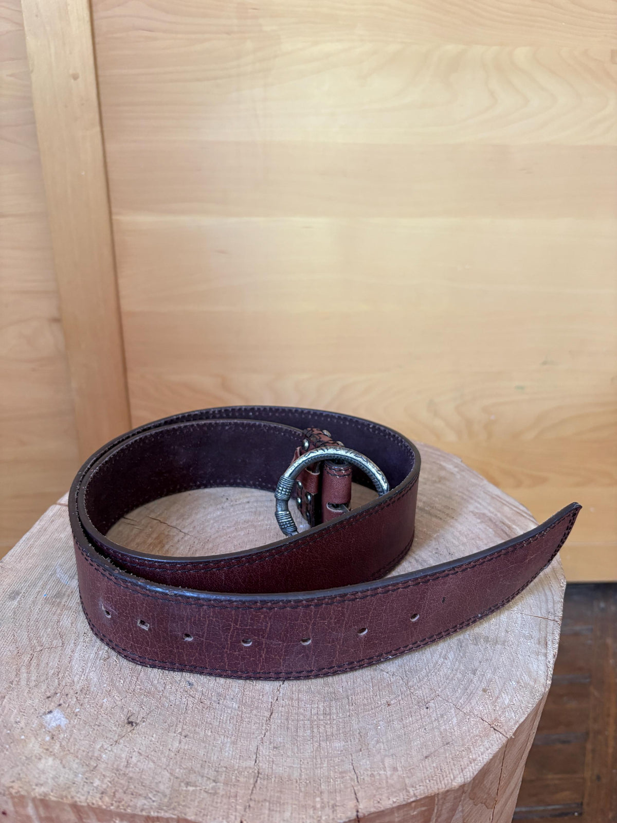 Cecil Genuine Leather Belt, Wide Brown Leather Belt, Large Statement Buckle, Vintage Style Women's Belt, Size 100 cm