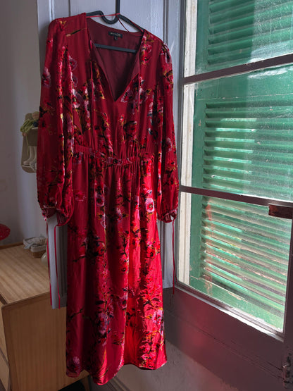 Red Floral Maxi Dress, Women's XS EU 34, Romantic Long Sleeve Dress, Occasion Dress, Bohemian Elegance