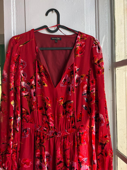 Red Floral Maxi Dress, Women's XS EU 34, Romantic Long Sleeve Dress, Occasion Dress, Bohemian Elegance