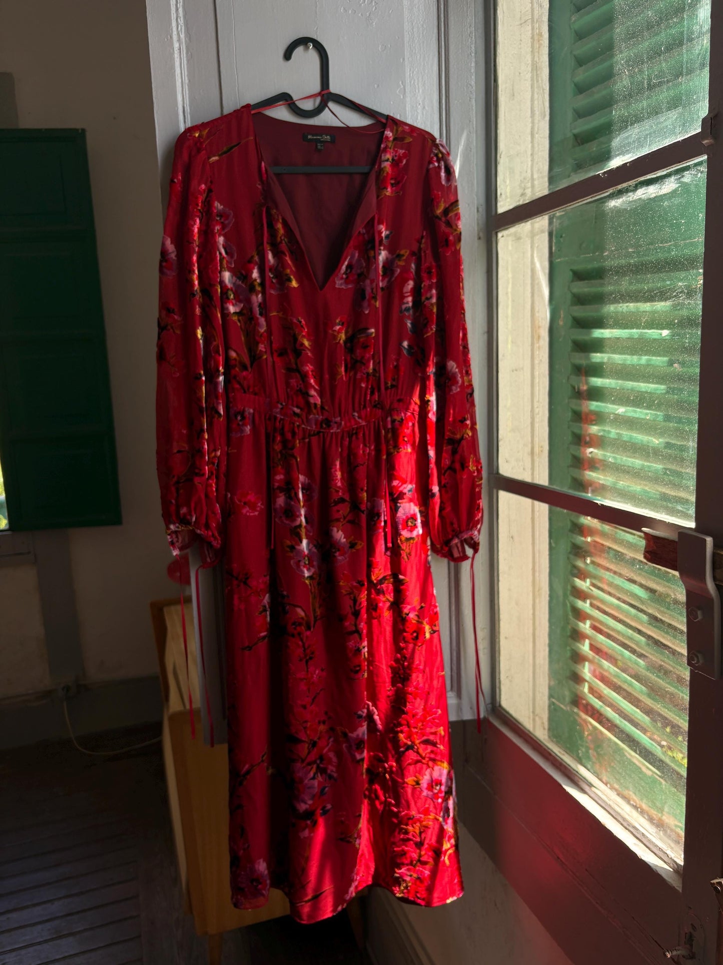 Red Floral Maxi Dress, Women's XS EU 34, Romantic Long Sleeve Dress, Occasion Dress, Bohemian Elegance