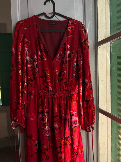 Red Floral Maxi Dress, Women's XS EU 34, Romantic Long Sleeve Dress, Occasion Dress, Bohemian Elegance