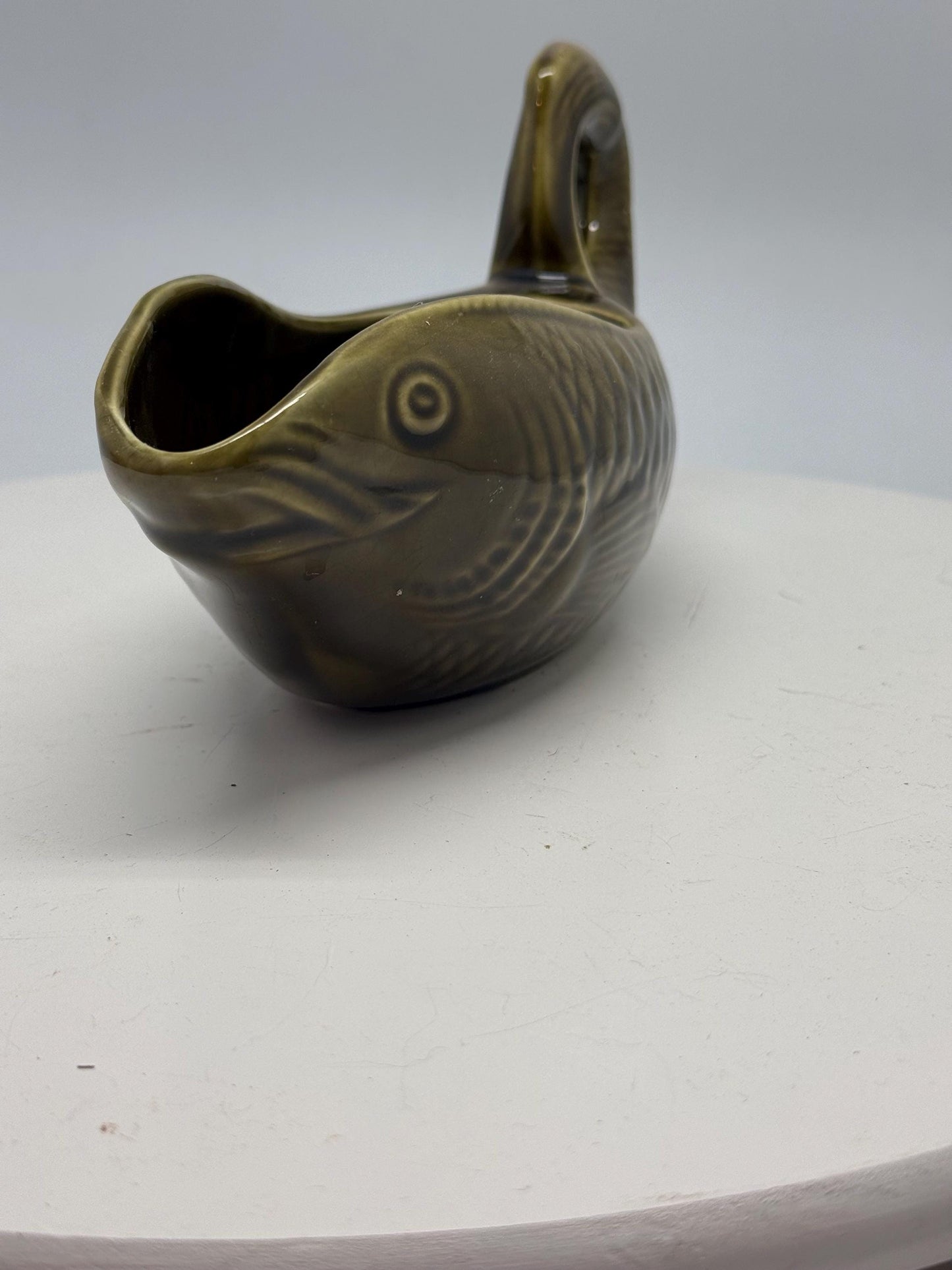 Vintage ceramic fish gravy boat, textured scale design