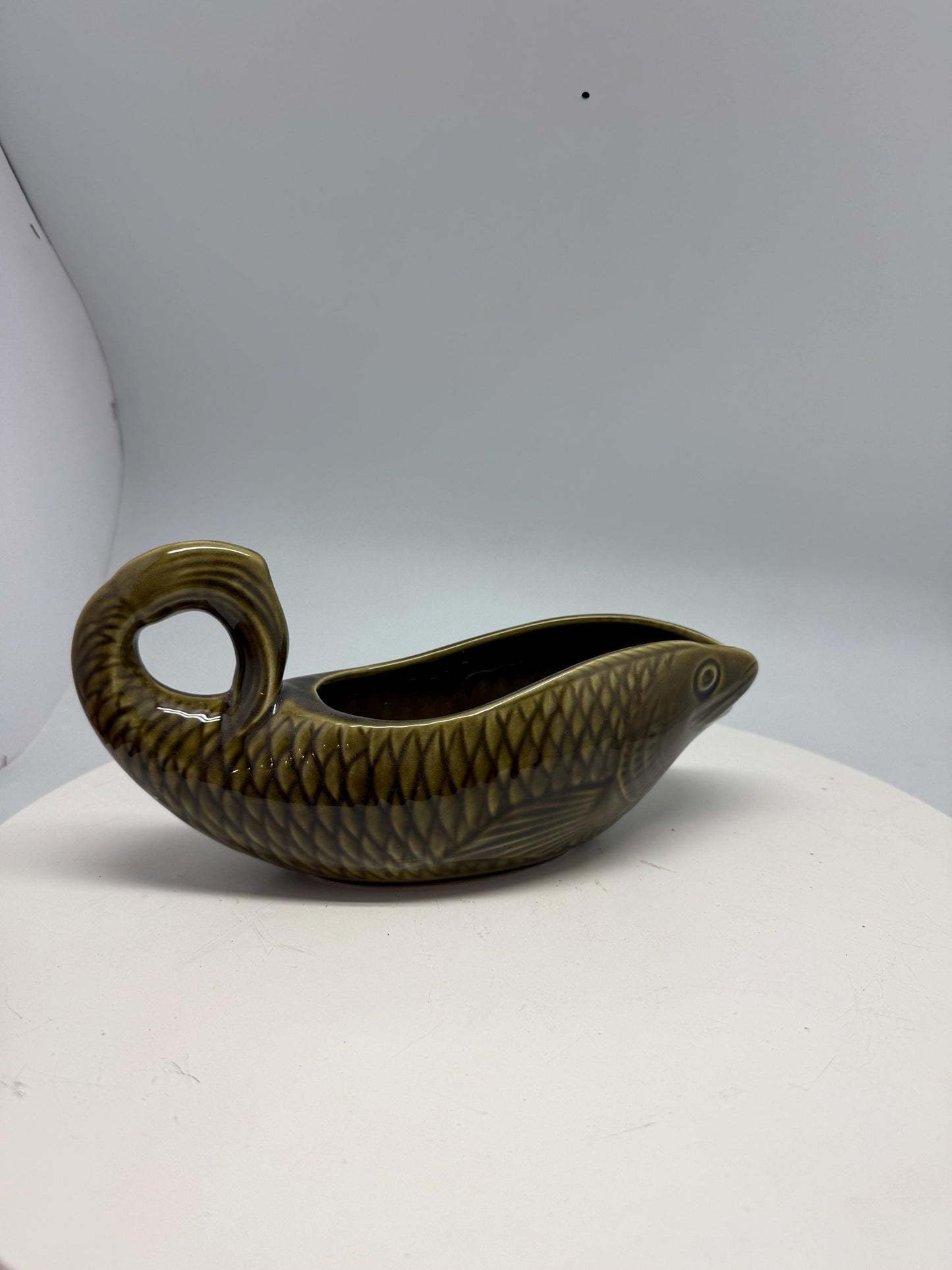 Vintage ceramic fish gravy boat, textured scale design