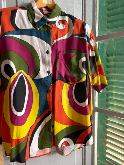 Vintage Abstract Print Viscose Blouse, Colourful Oversized Button Up Shirt, Statement Top, Size L