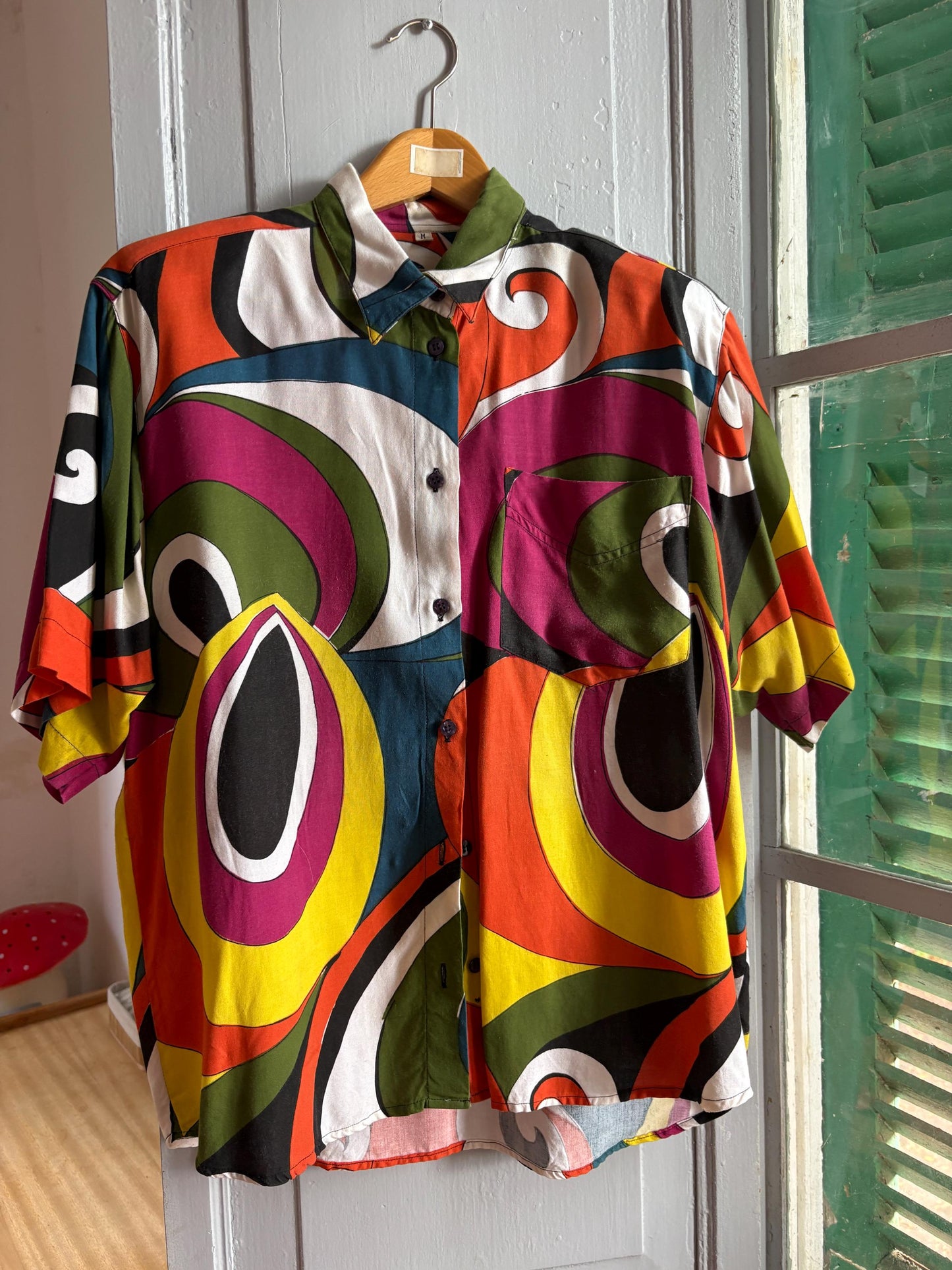 Vintage Abstract Print Viscose Blouse, Colourful Oversized Button Up Shirt, Statement Top, Size L