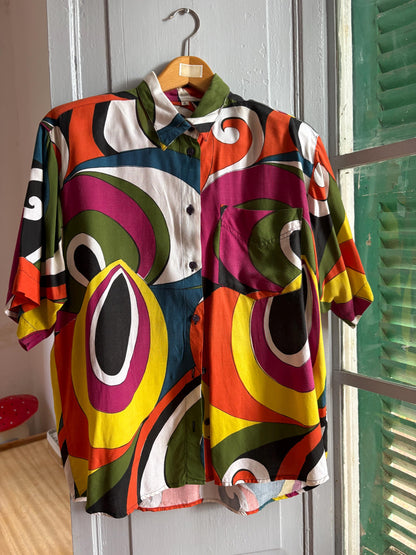 Vintage Abstract Print Viscose Blouse, Colourful Oversized Button Up Shirt, Statement Top, Size L