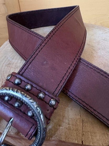 Cecil Genuine Leather Belt, Wide Brown Leather Belt, Large Statement Buckle, Vintage Style Women's Belt, Size 100 cm