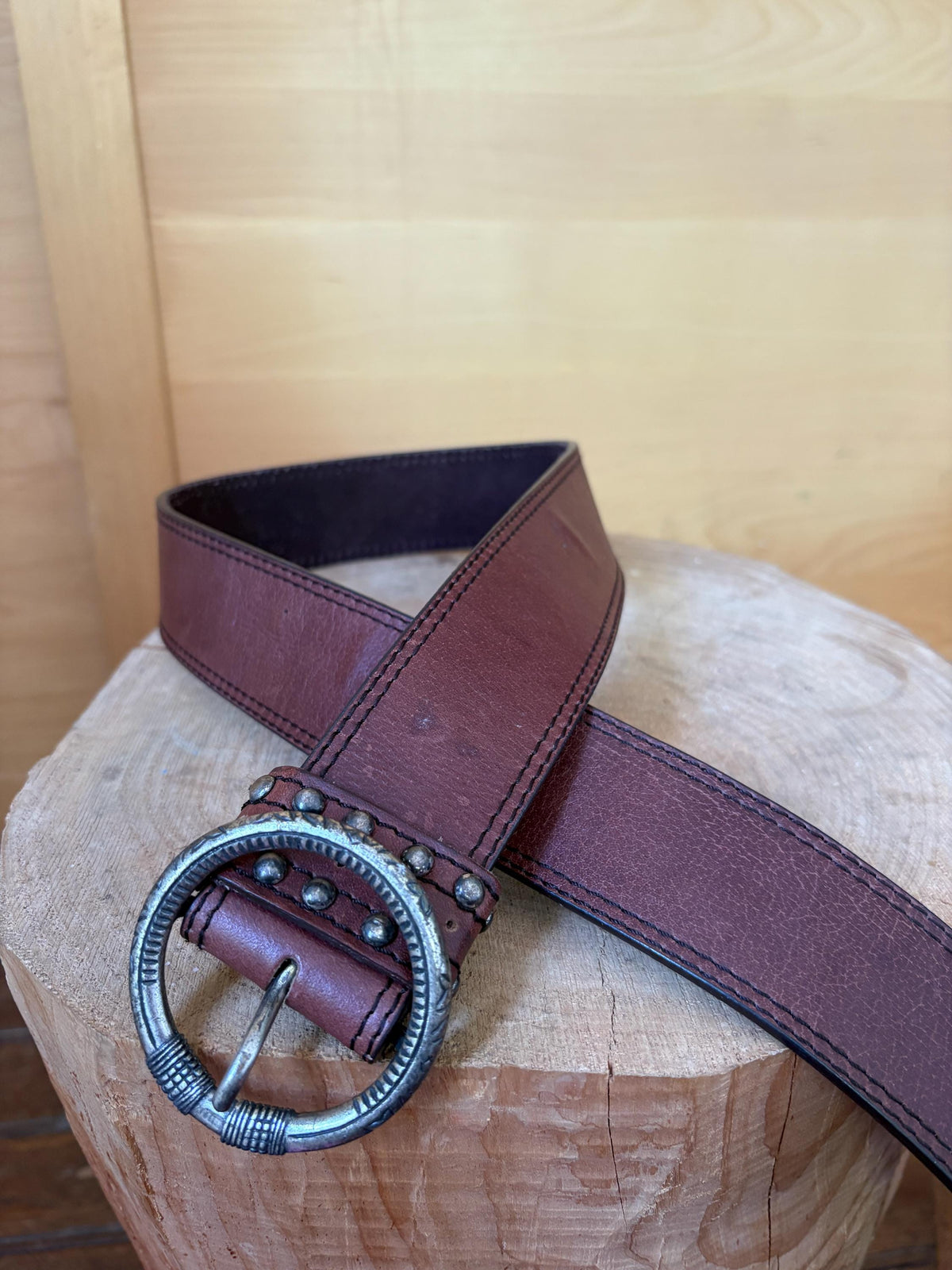 Cecil Genuine Leather Belt, Wide Brown Leather Belt, Large Statement Buckle, Vintage Style Women's Belt, Size 100 cm