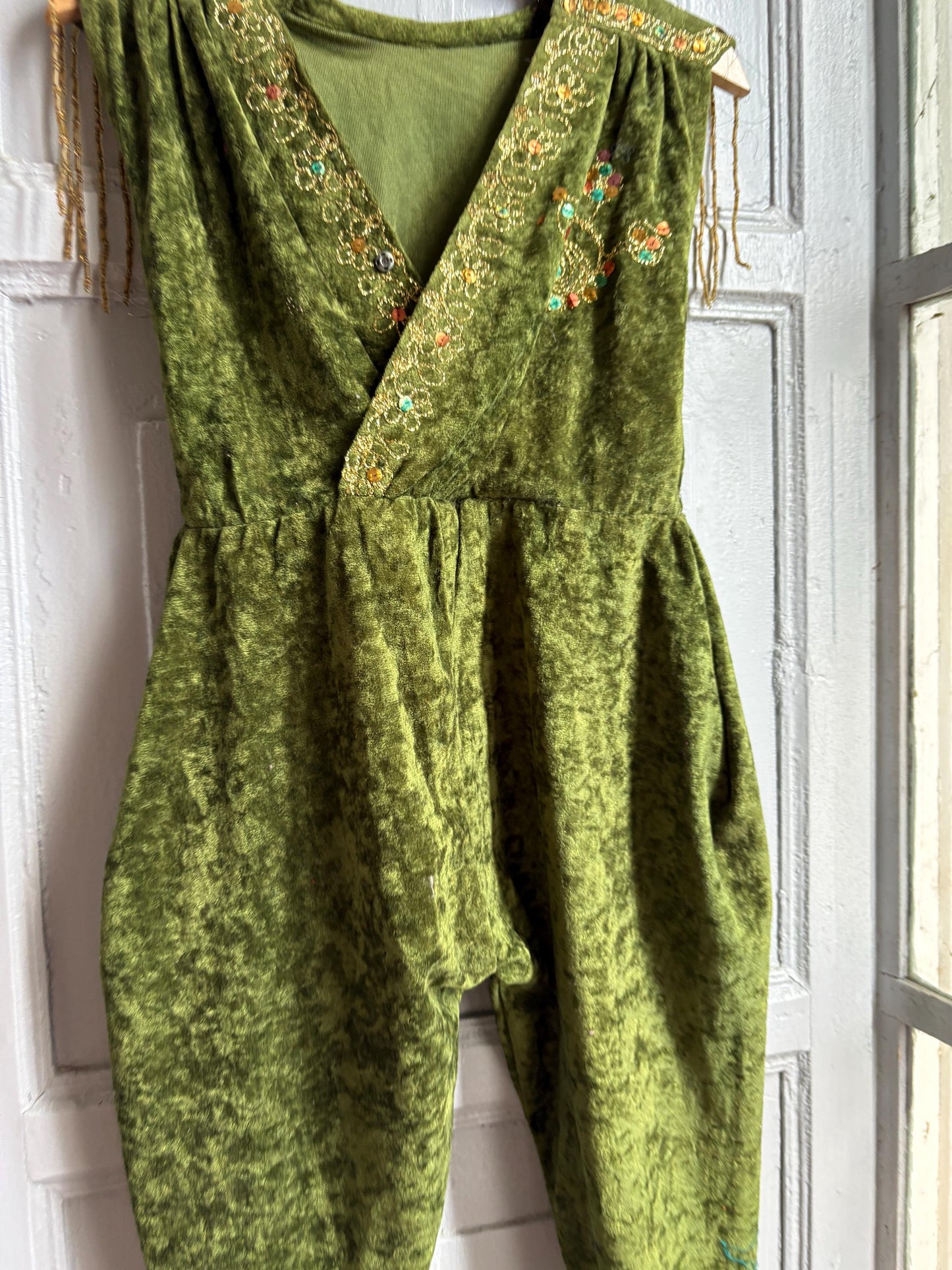 Kids Forest Elf Costume, Green Velvet Beaded Jumpsuit, Fairy Tale Dress Up Outfit, Toddler 2–3 Years