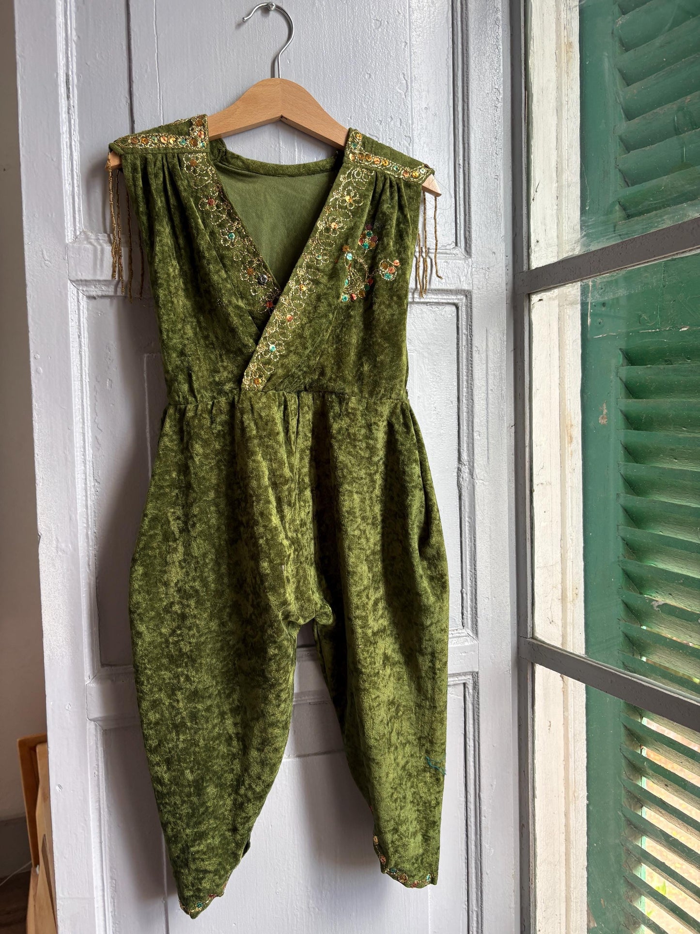 Kids Forest Elf Costume, Green Velvet Beaded Jumpsuit, Fairy Tale Dress Up Outfit, Toddler 2–3 Years
