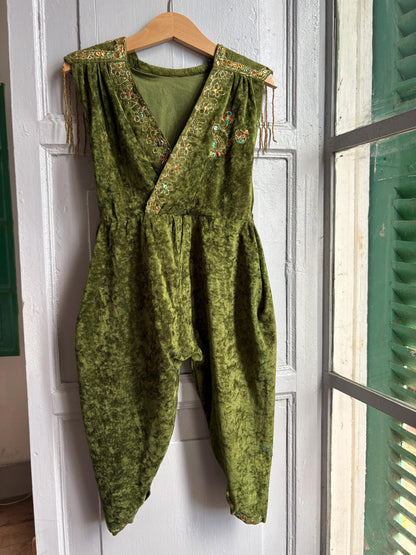 Kids Forest Elf Costume, Green Velvet Beaded Jumpsuit, Fairy Tale Dress Up Outfit, Toddler 2–3 Years