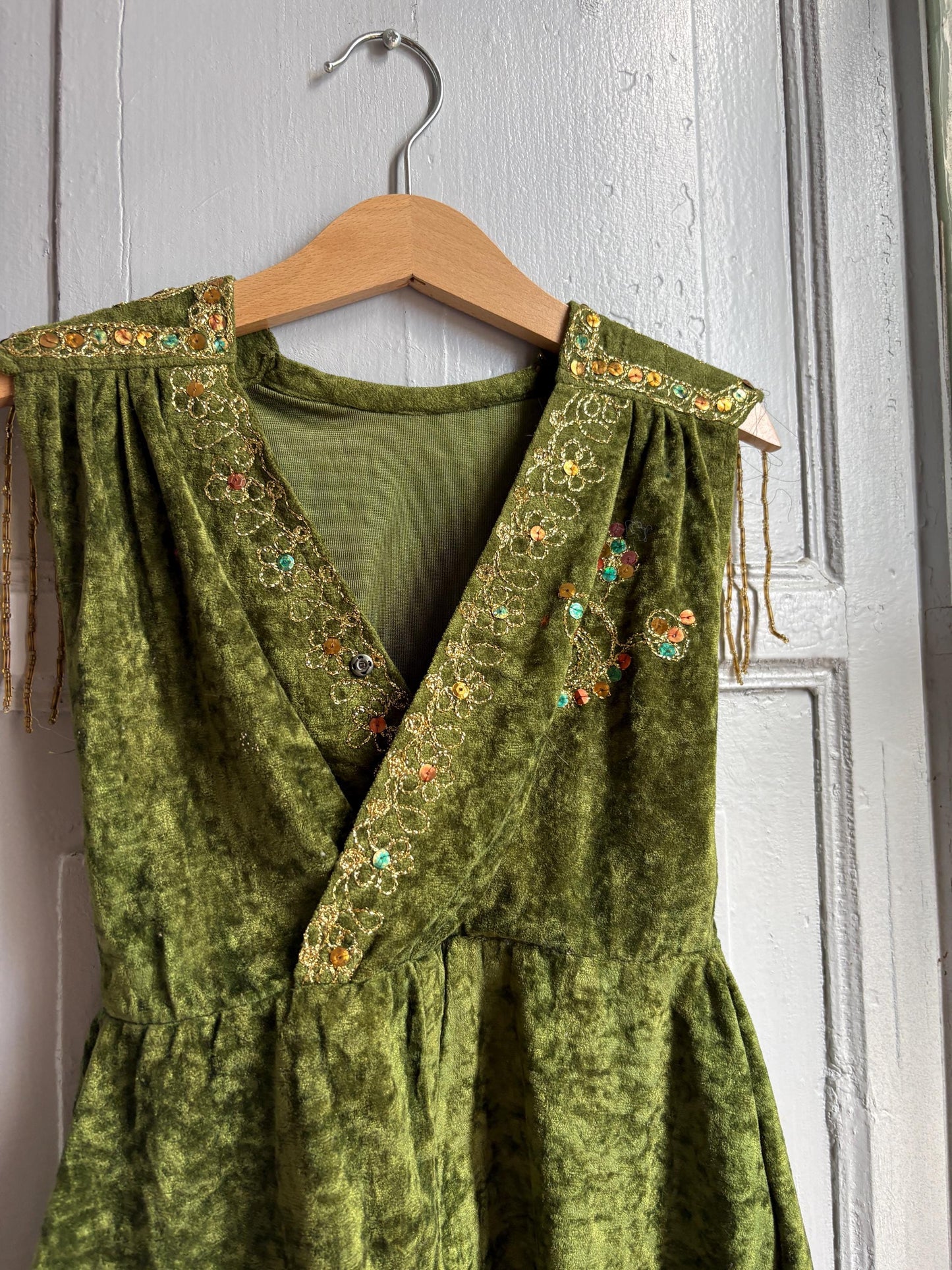 Kids Forest Elf Costume, Green Velvet Beaded Jumpsuit, Fairy Tale Dress Up Outfit, Toddler 2–3 Years
