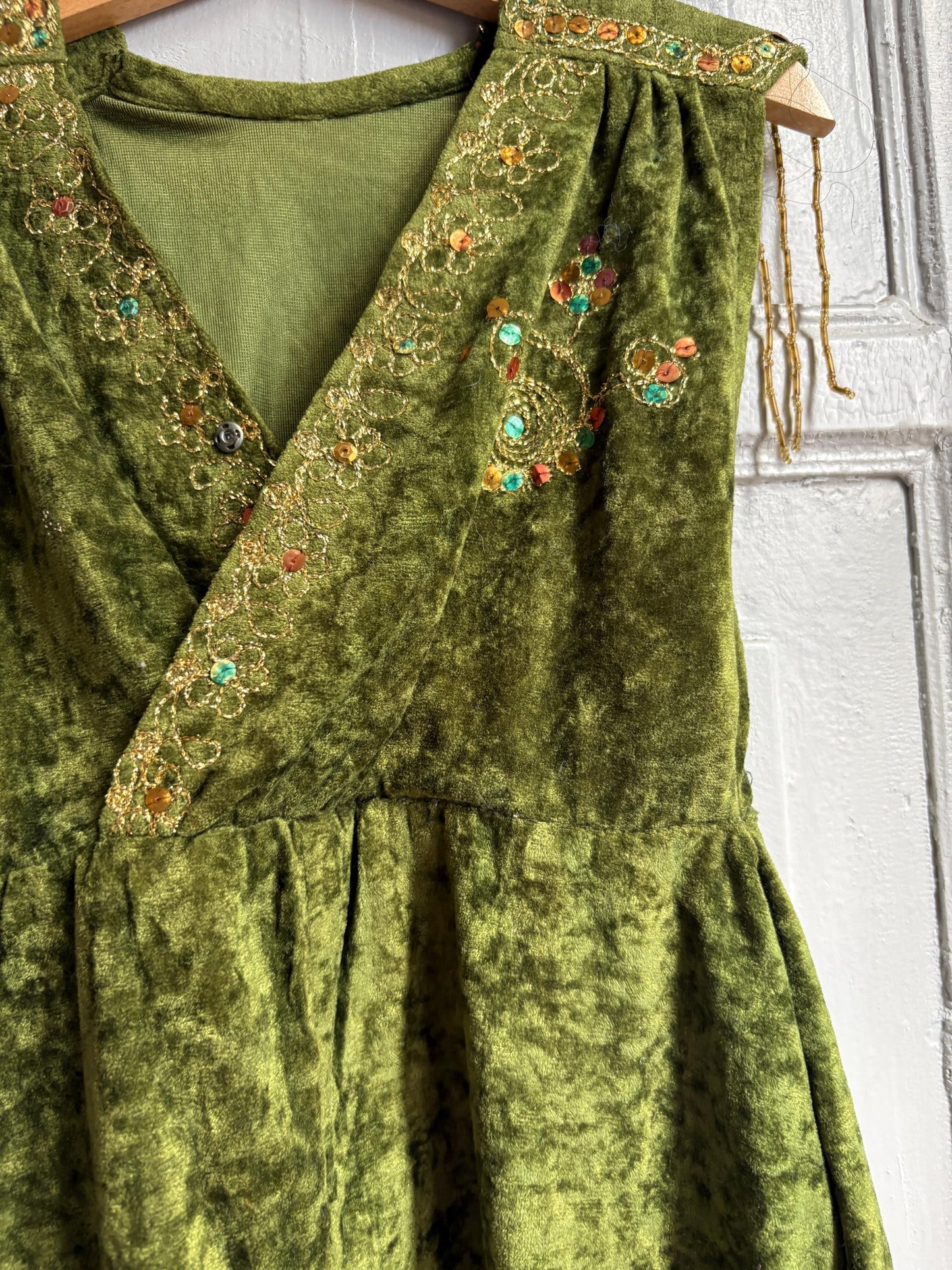 Kids Forest Elf Costume, Green Velvet Beaded Jumpsuit, Fairy Tale Dress Up Outfit, Toddler 2–3 Years