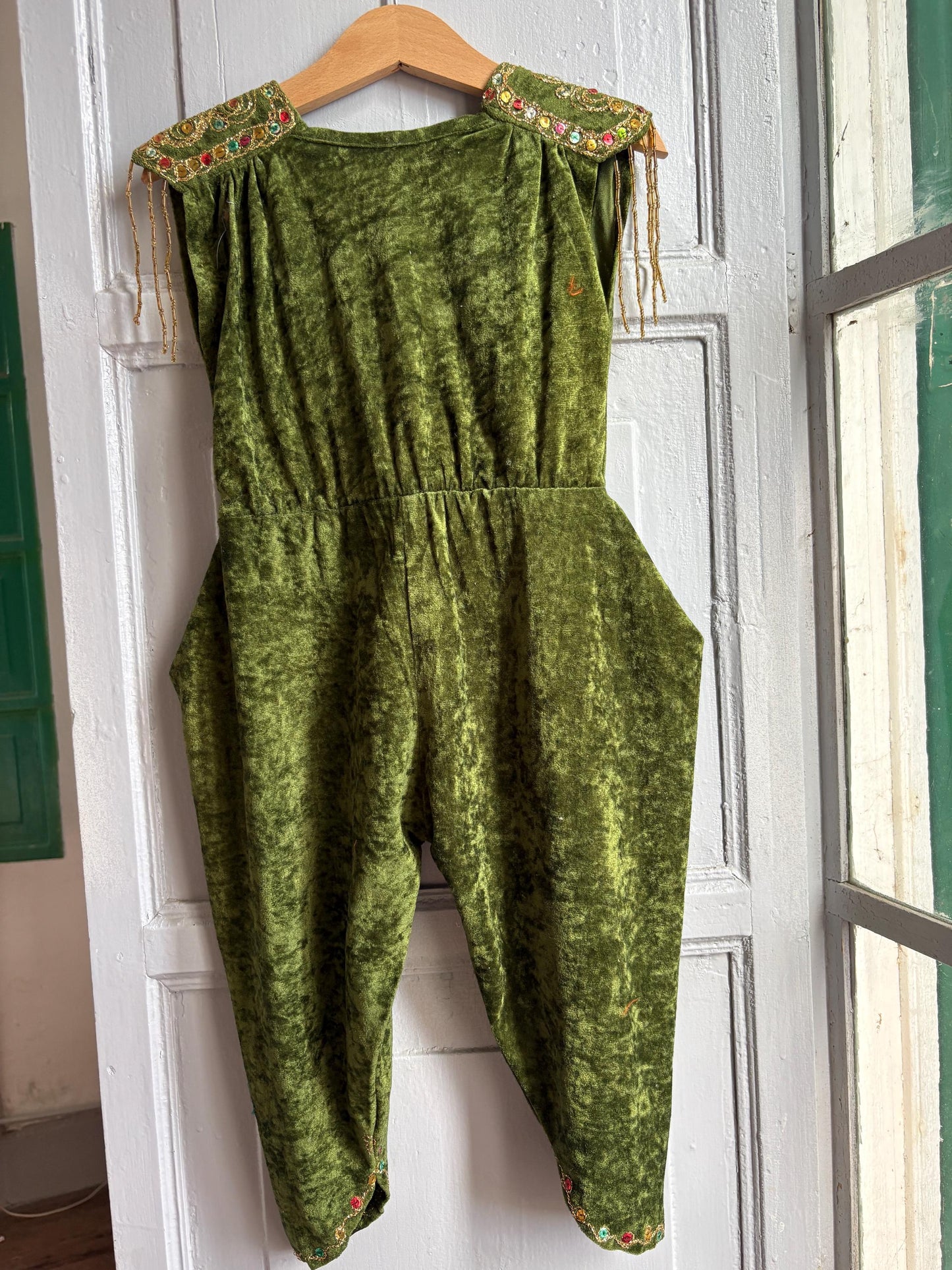 Kids Forest Elf Costume, Green Velvet Beaded Jumpsuit, Fairy Tale Dress Up Outfit, Toddler 2–3 Years