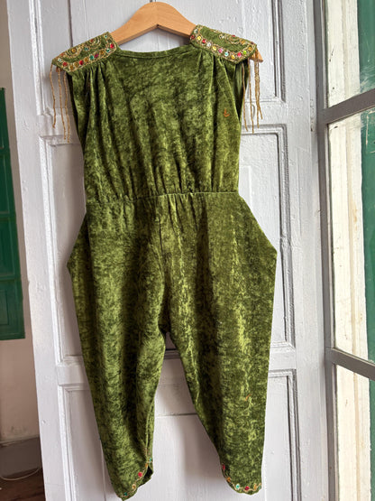 Kids Forest Elf Costume, Green Velvet Beaded Jumpsuit, Fairy Tale Dress Up Outfit, Toddler 2–3 Years