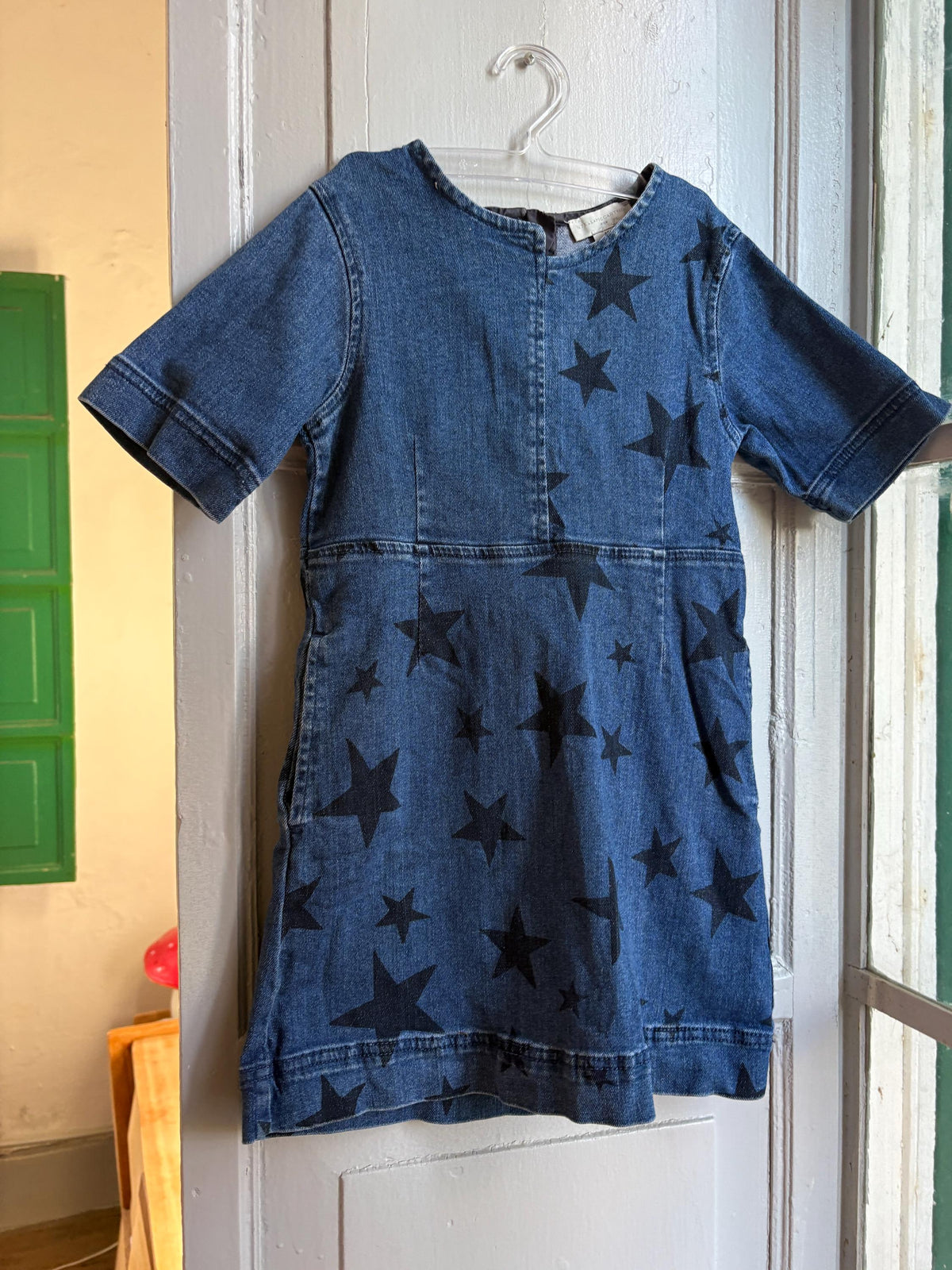 Stella McCartney Kids Denim Dress, Girls Star Print Dress, Designer Denim Dress, Blue Cotton Dress, Size 6 Years