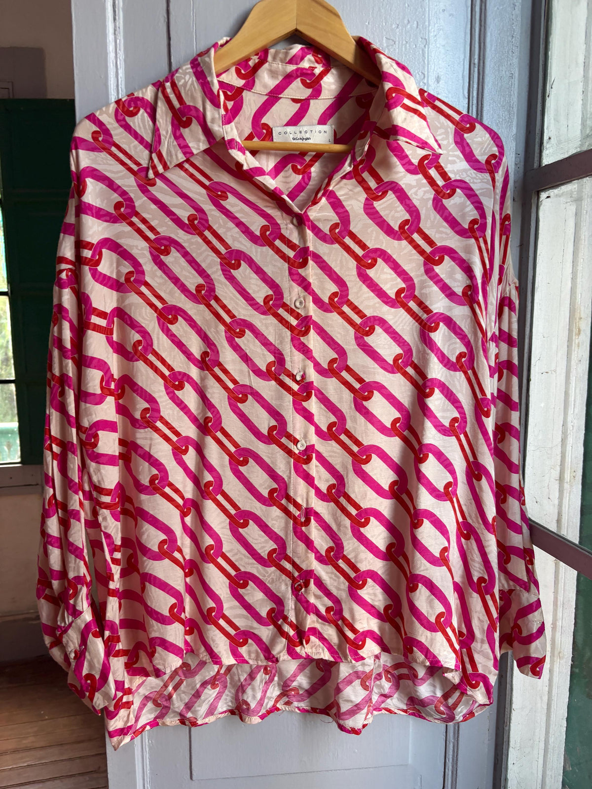 Pink Chain Print Blouse, Y2K Statement Shirt, Retro Barbiecore Top, Oversized Button Up, El Corte Inglés Collection, Dopamine Dressing