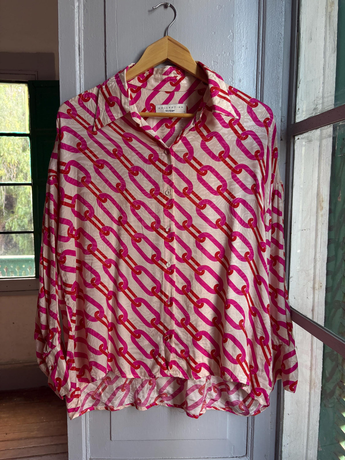 Pink Chain Print Blouse, Y2K Statement Shirt, Retro Barbiecore Top, Oversized Button Up, El Corte Inglés Collection, Dopamine Dressing
