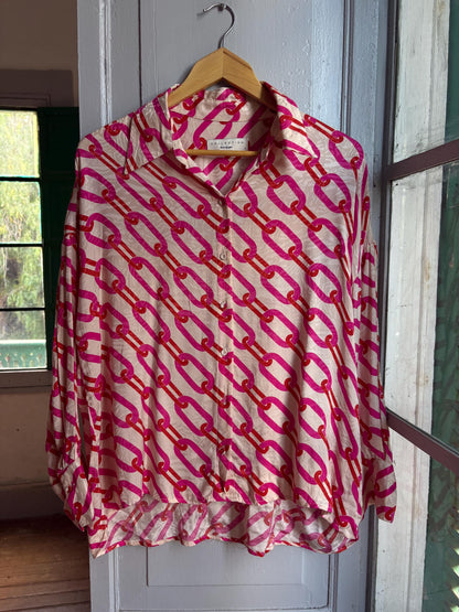 Pink Chain Print Blouse, Y2K Statement Shirt, Retro Barbiecore Top, Oversized Button Up, El Corte Inglés Collection, Dopamine Dressing
