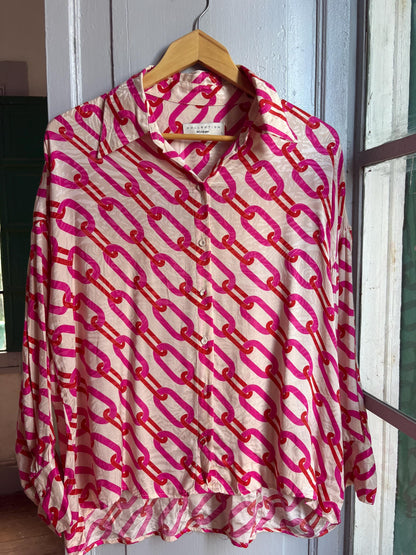 Pink Chain Print Blouse, Y2K Statement Shirt, Retro Barbiecore Top, Oversized Button Up, El Corte Inglés Collection, Dopamine Dressing