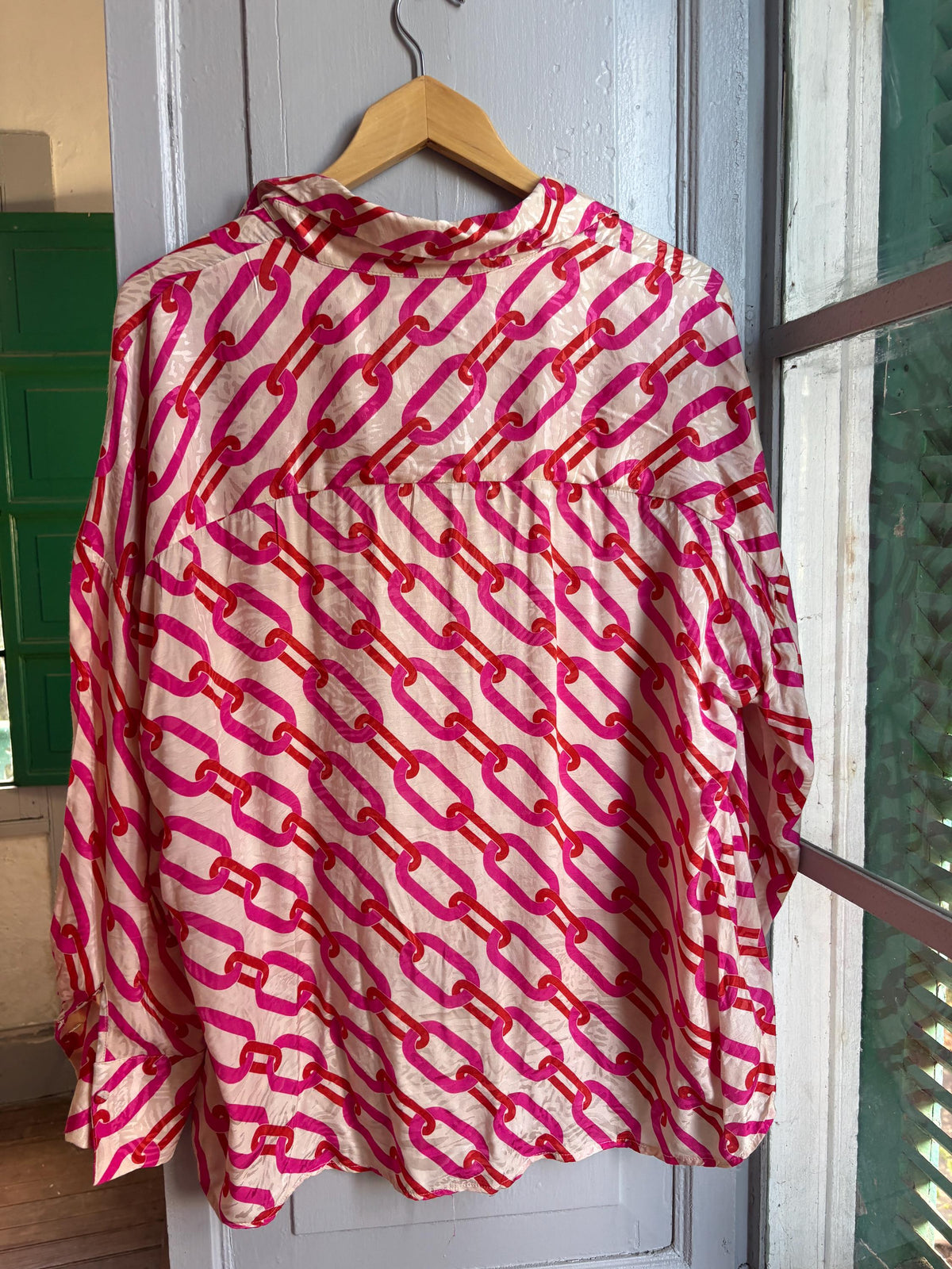 Pink Chain Print Blouse, Y2K Statement Shirt, Retro Barbiecore Top, Oversized Button Up, El Corte Inglés Collection, Dopamine Dressing