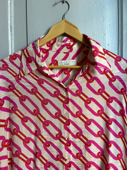 Pink Chain Print Blouse, Y2K Statement Shirt, Retro Barbiecore Top, Oversized Button Up, El Corte Inglés Collection, Dopamine Dressing