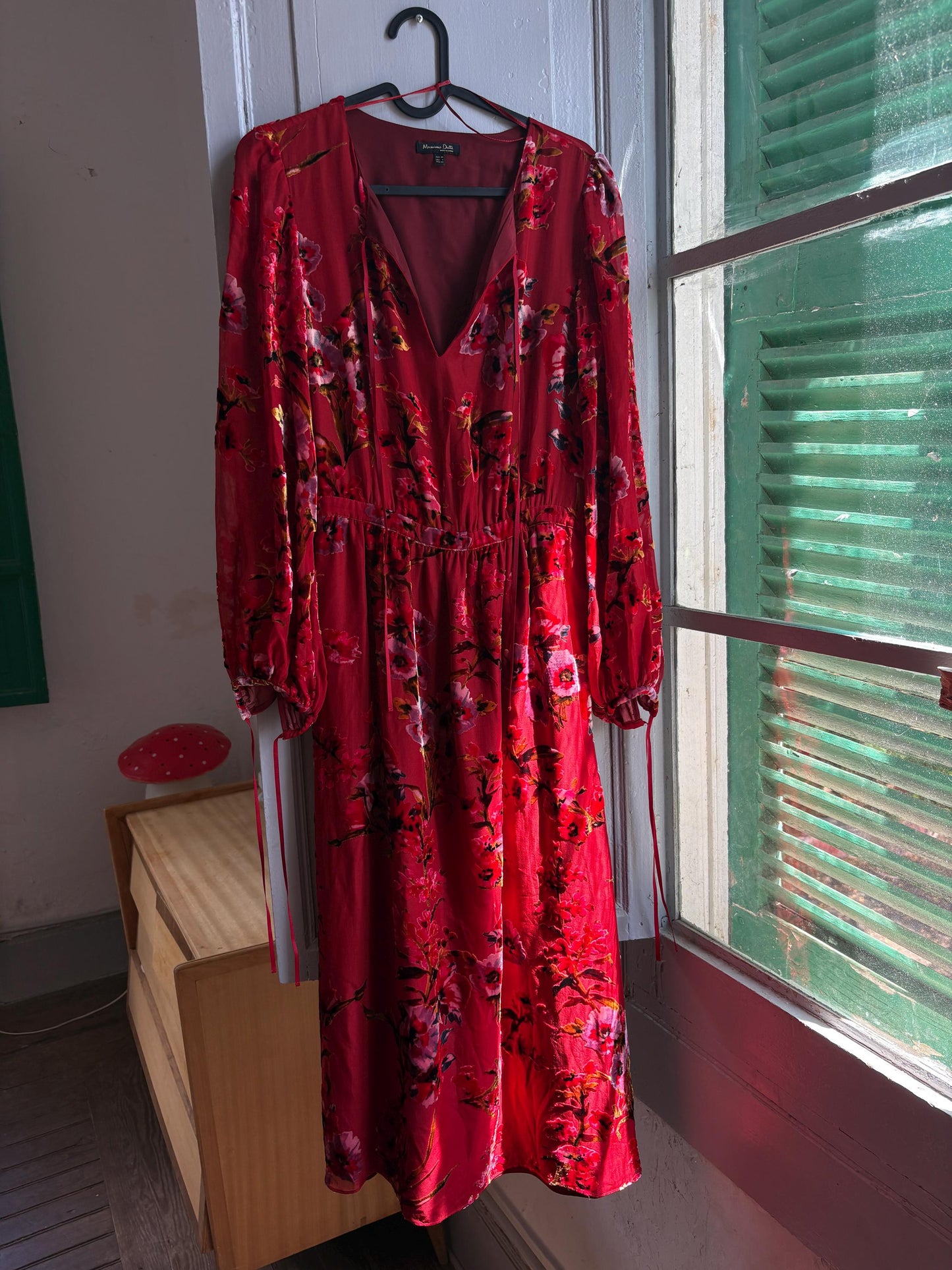 Red Floral Maxi Dress, Women's XS EU 34, Romantic Long Sleeve Dress, Occasion Dress, Bohemian Elegance