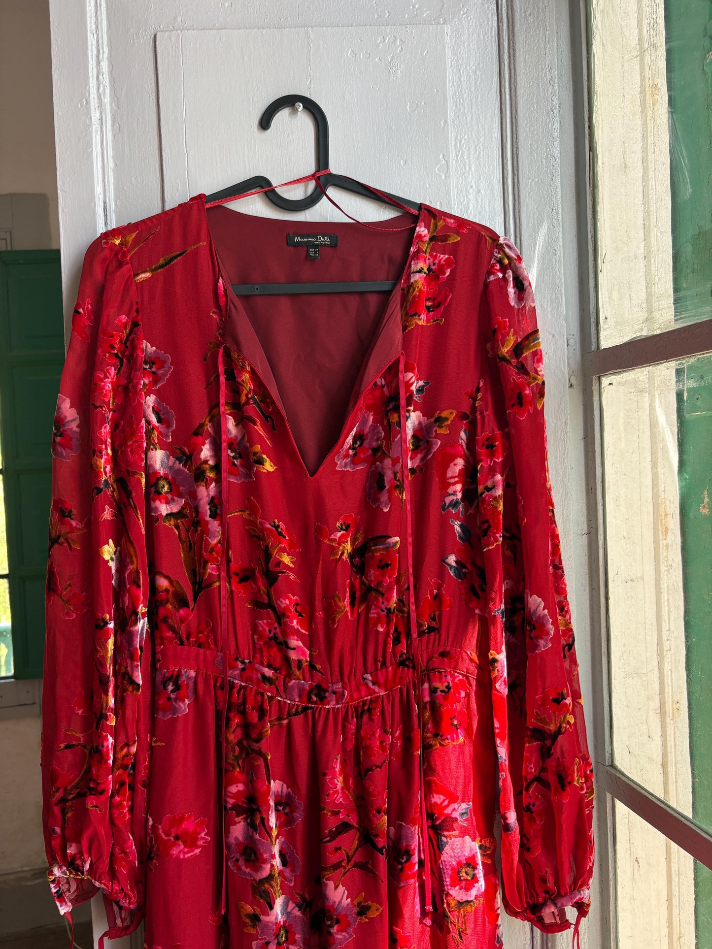 Red Floral Maxi Dress, Women's XS EU 34, Romantic Long Sleeve Dress, Occasion Dress, Bohemian Elegance