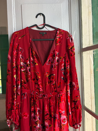 Red Floral Maxi Dress, Women's XS EU 34, Romantic Long Sleeve Dress, Occasion Dress, Bohemian Elegance