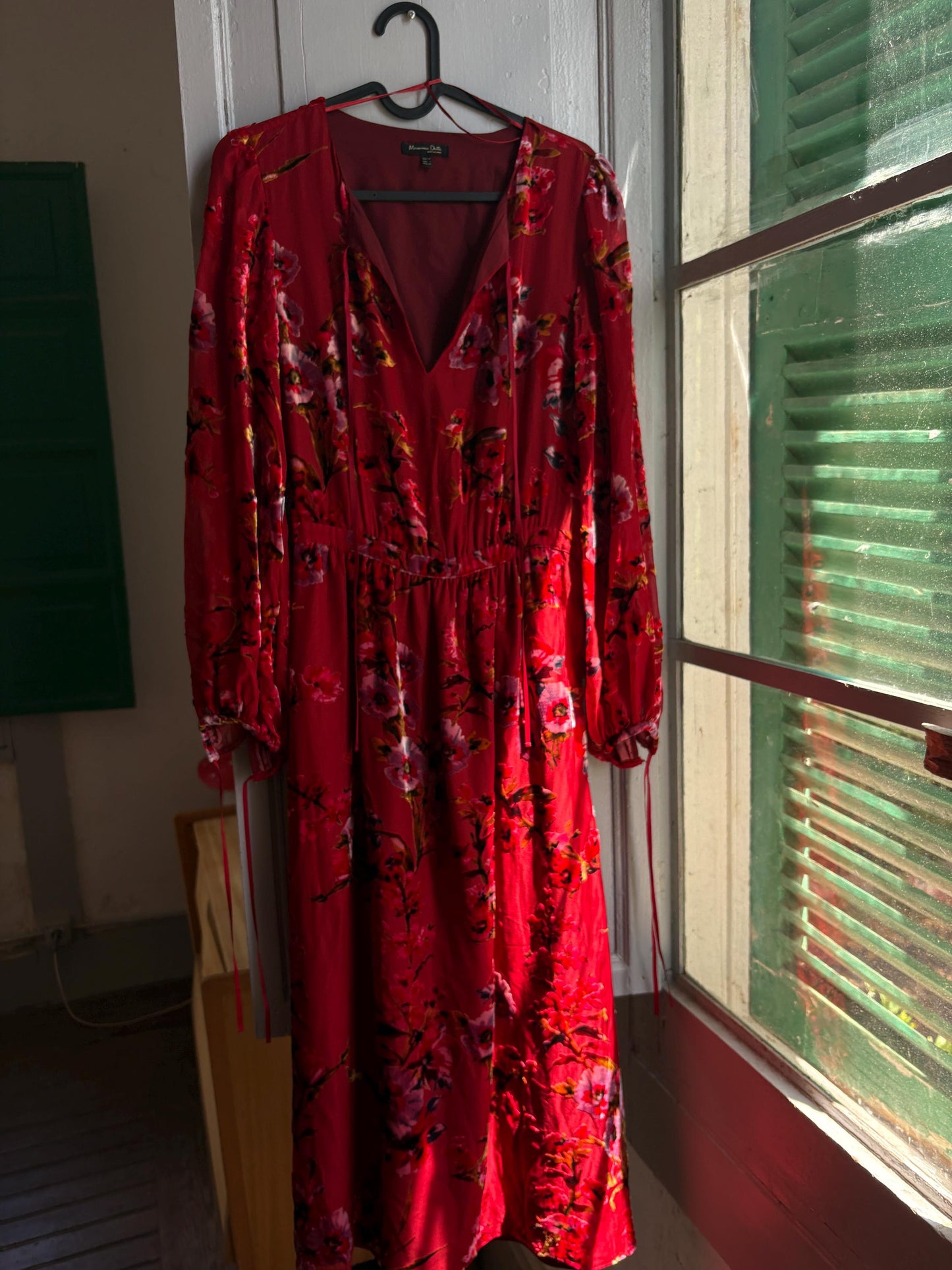 Red Floral Maxi Dress, Women's XS EU 34, Romantic Long Sleeve Dress, Occasion Dress, Bohemian Elegance