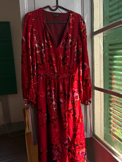 Red Floral Maxi Dress, Women's XS EU 34, Romantic Long Sleeve Dress, Occasion Dress, Bohemian Elegance