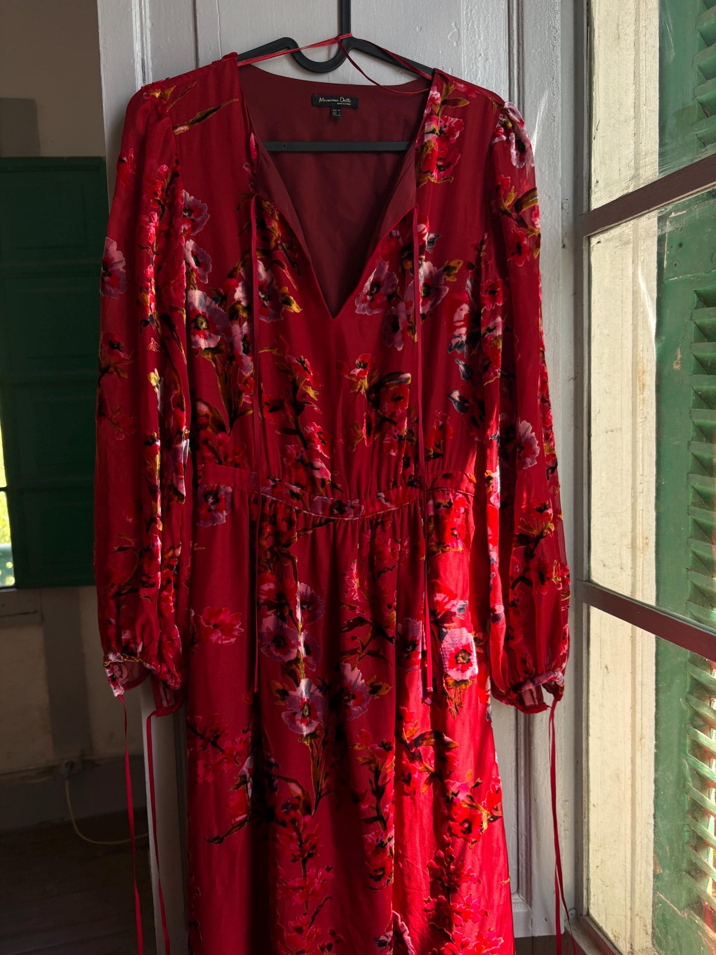 Red Floral Maxi Dress, Women's XS EU 34, Romantic Long Sleeve Dress, Occasion Dress, Bohemian Elegance