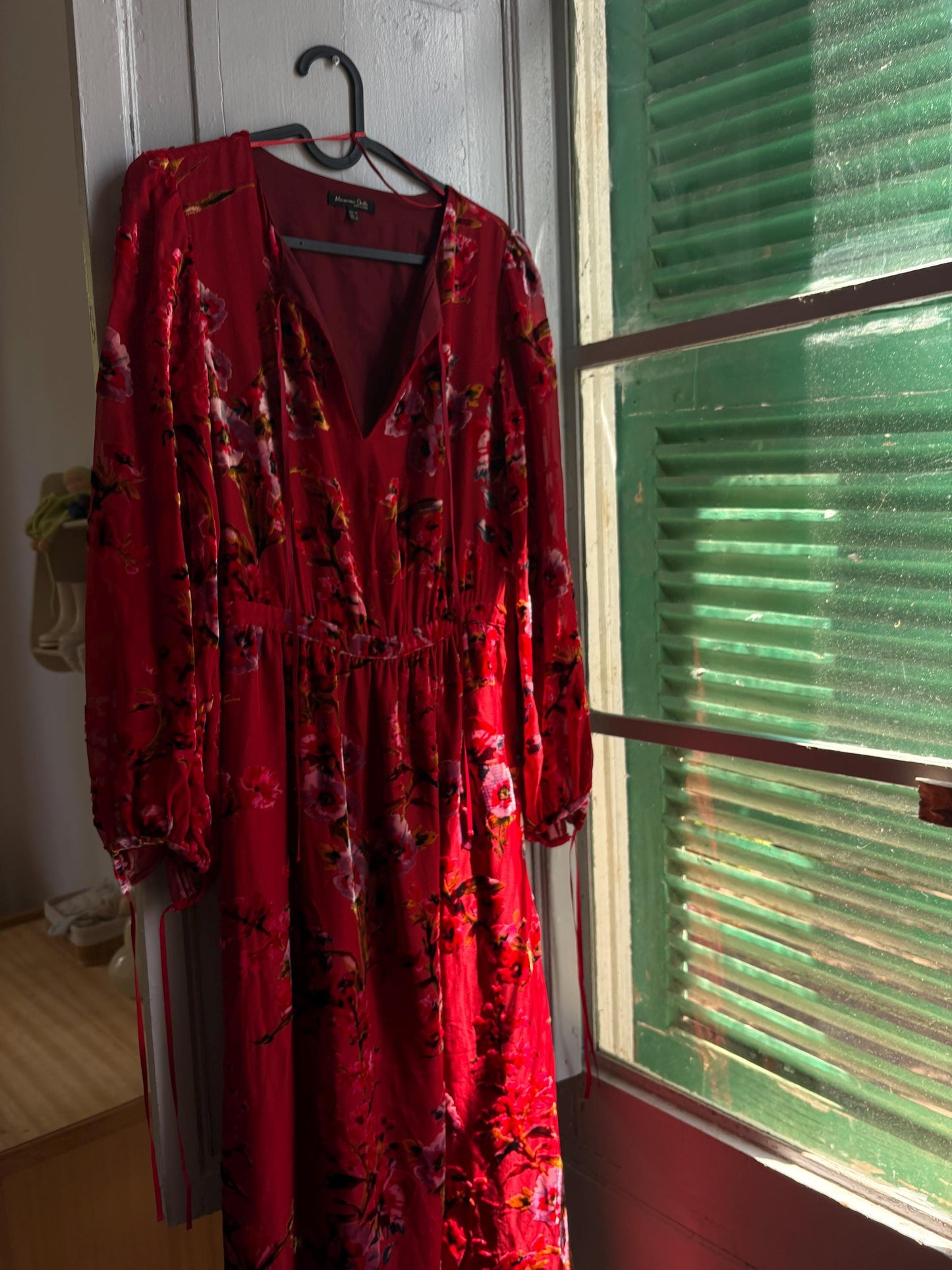 Red Floral Maxi Dress, Women's XS EU 34, Romantic Long Sleeve Dress, Occasion Dress, Bohemian Elegance