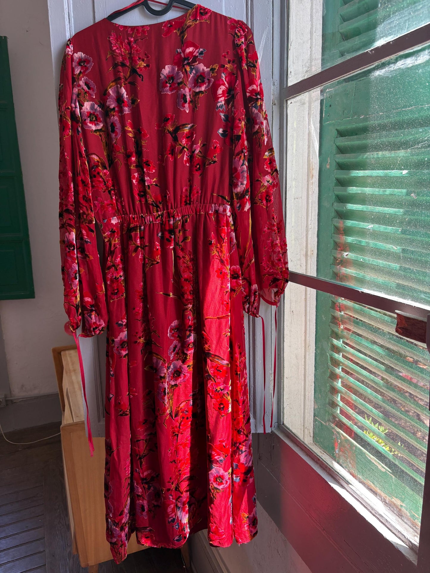 Red Floral Maxi Dress, Women's XS EU 34, Romantic Long Sleeve Dress, Occasion Dress, Bohemian Elegance