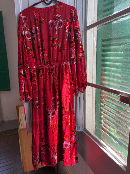 Red Floral Maxi Dress, Women's XS EU 34, Romantic Long Sleeve Dress, Occasion Dress, Bohemian Elegance