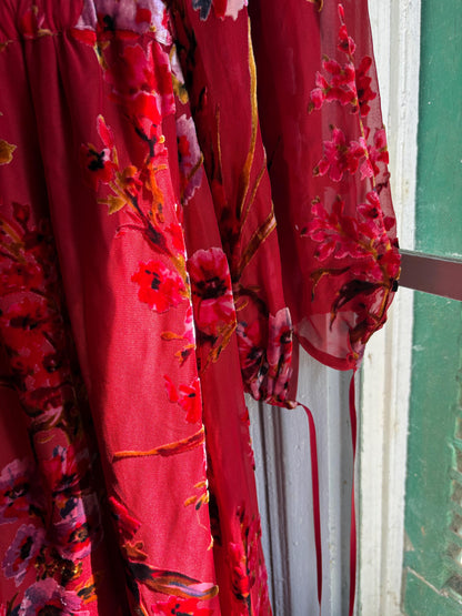 Red Floral Maxi Dress, Women's XS EU 34, Romantic Long Sleeve Dress, Occasion Dress, Bohemian Elegance