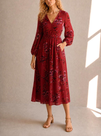 Red Floral Maxi Dress, Women's XS EU 34, Romantic Long Sleeve Dress, Occasion Dress, Bohemian Elegance