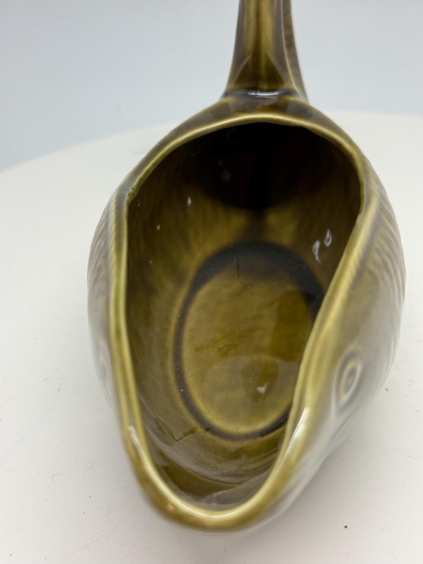 Vintage ceramic fish gravy boat, textured scale design