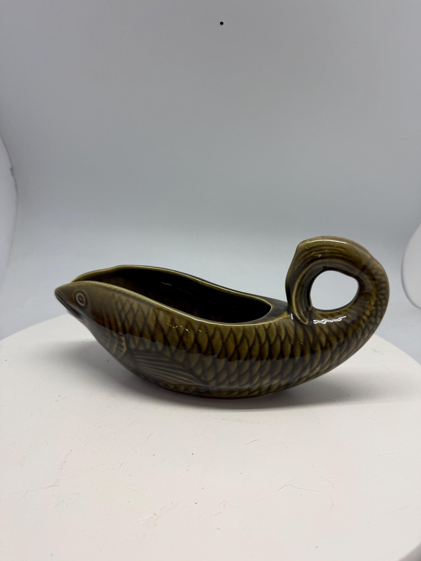 Vintage ceramic fish gravy boat, textured scale design