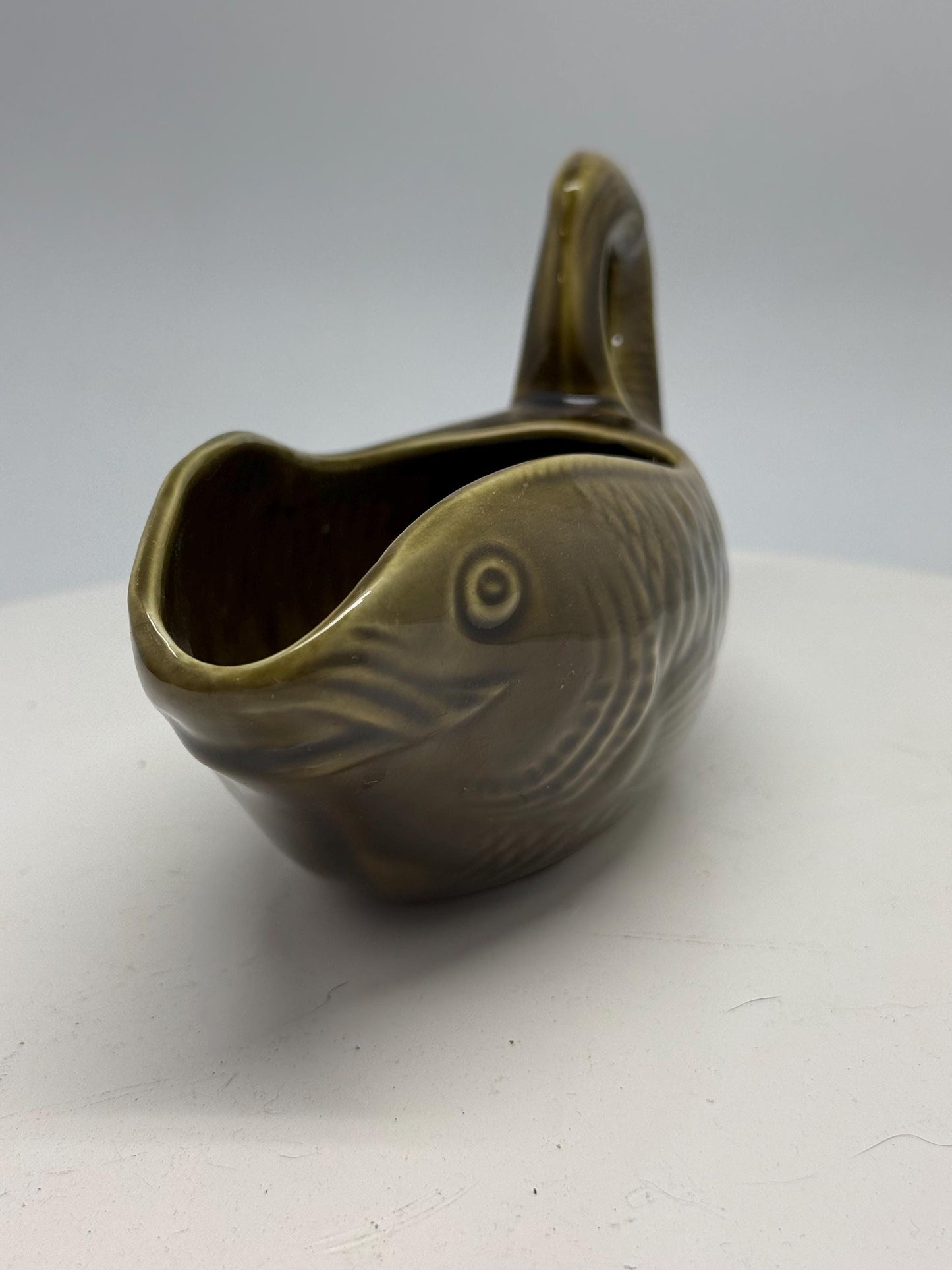 Vintage ceramic fish gravy boat, textured scale design