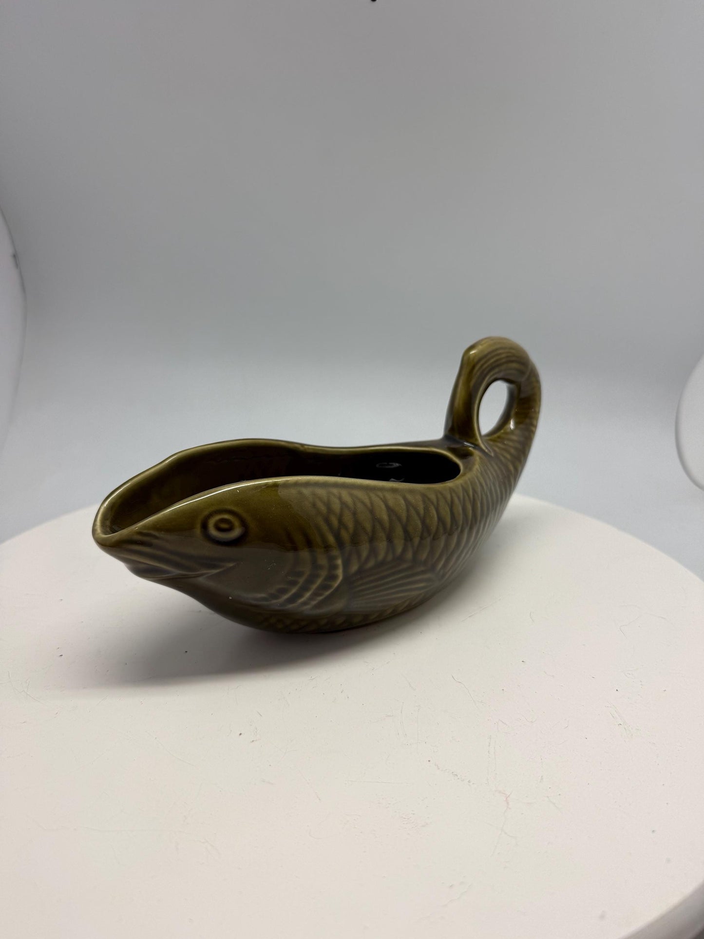 Vintage ceramic fish gravy boat, textured scale design