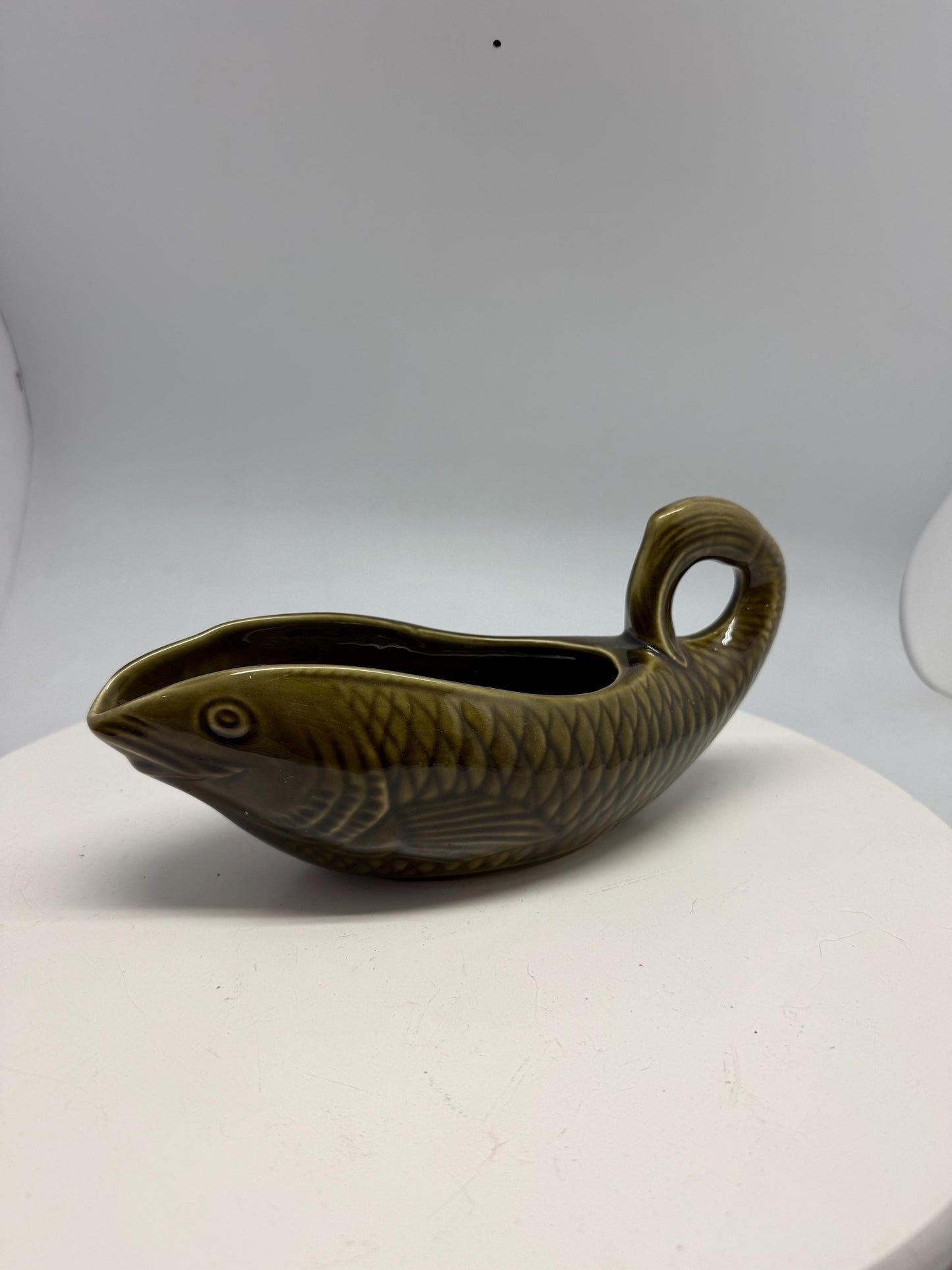 Vintage ceramic fish gravy boat, textured scale design