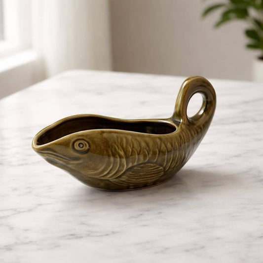 Vintage ceramic fish gravy boat, textured scale design